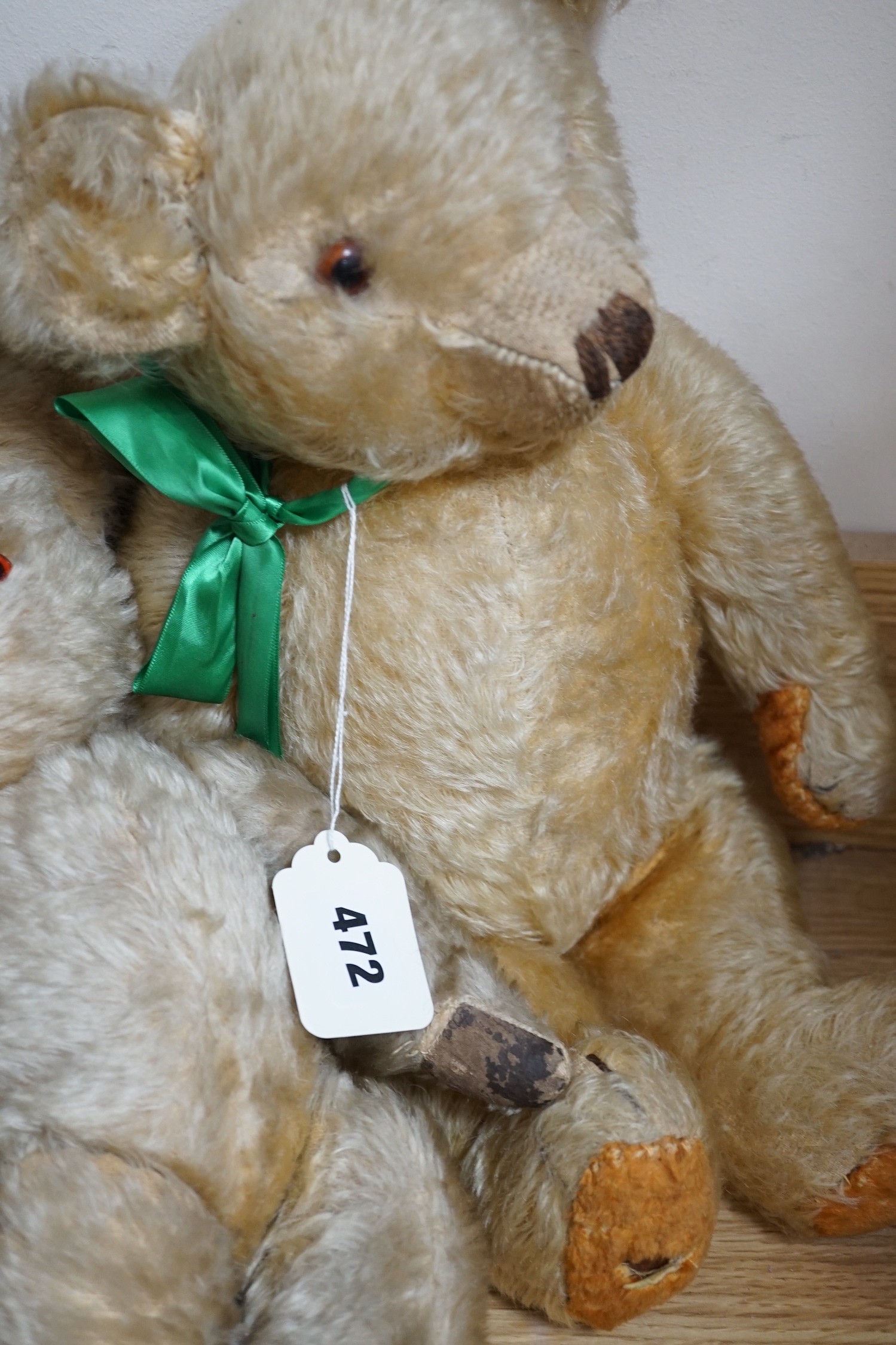 Three mid 20th century teddy bears including one Chad Valley and one Merrythought